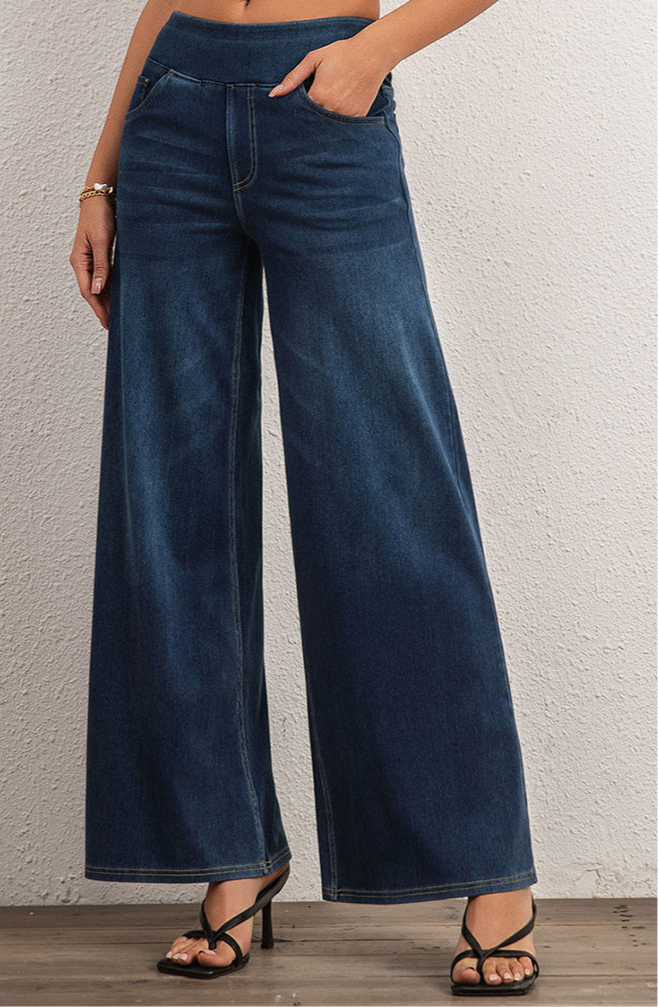 Shascullfites Mid Waist Wide Leg Jeans Stretch Dark Blue Denim