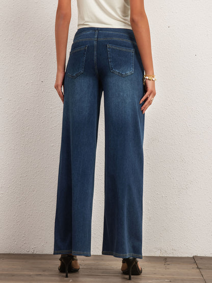 Shascullfites Mid Waist Wide Leg Jeans Stretch Dark Blue Denim
