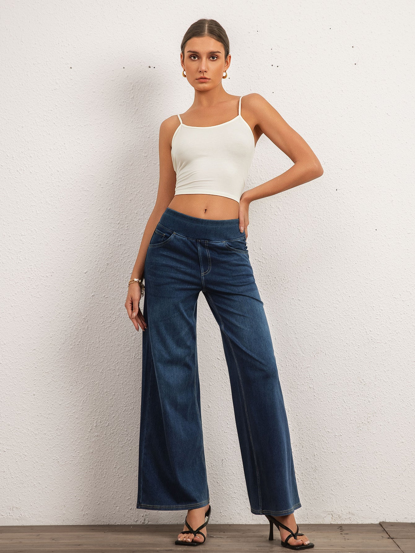 Shascullfites Mid Waist Wide Leg Jeans Stretch Dark Blue Denim