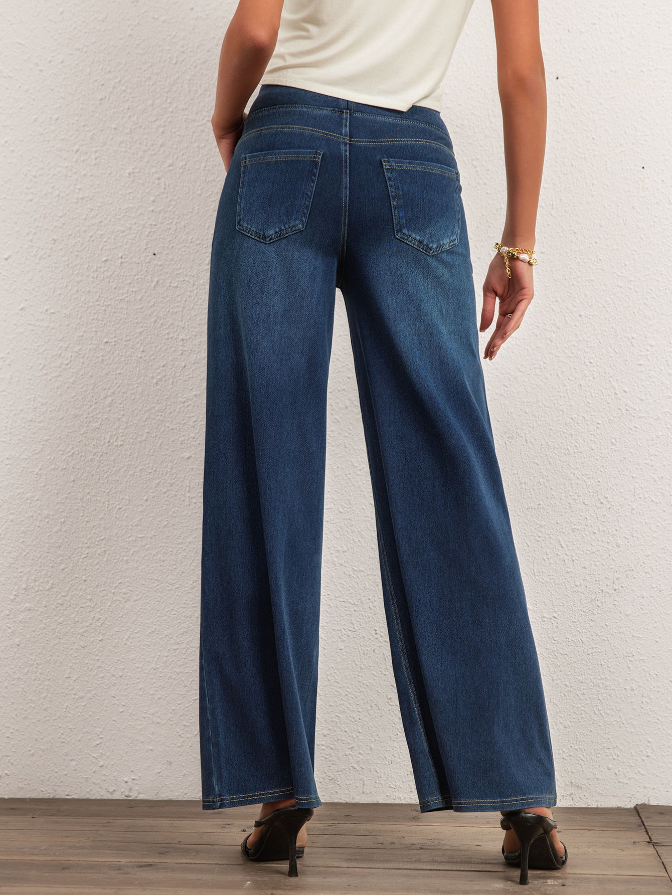 Shascullfites Mid Waist Wide Leg Jeans Stretch Dark Blue Denim