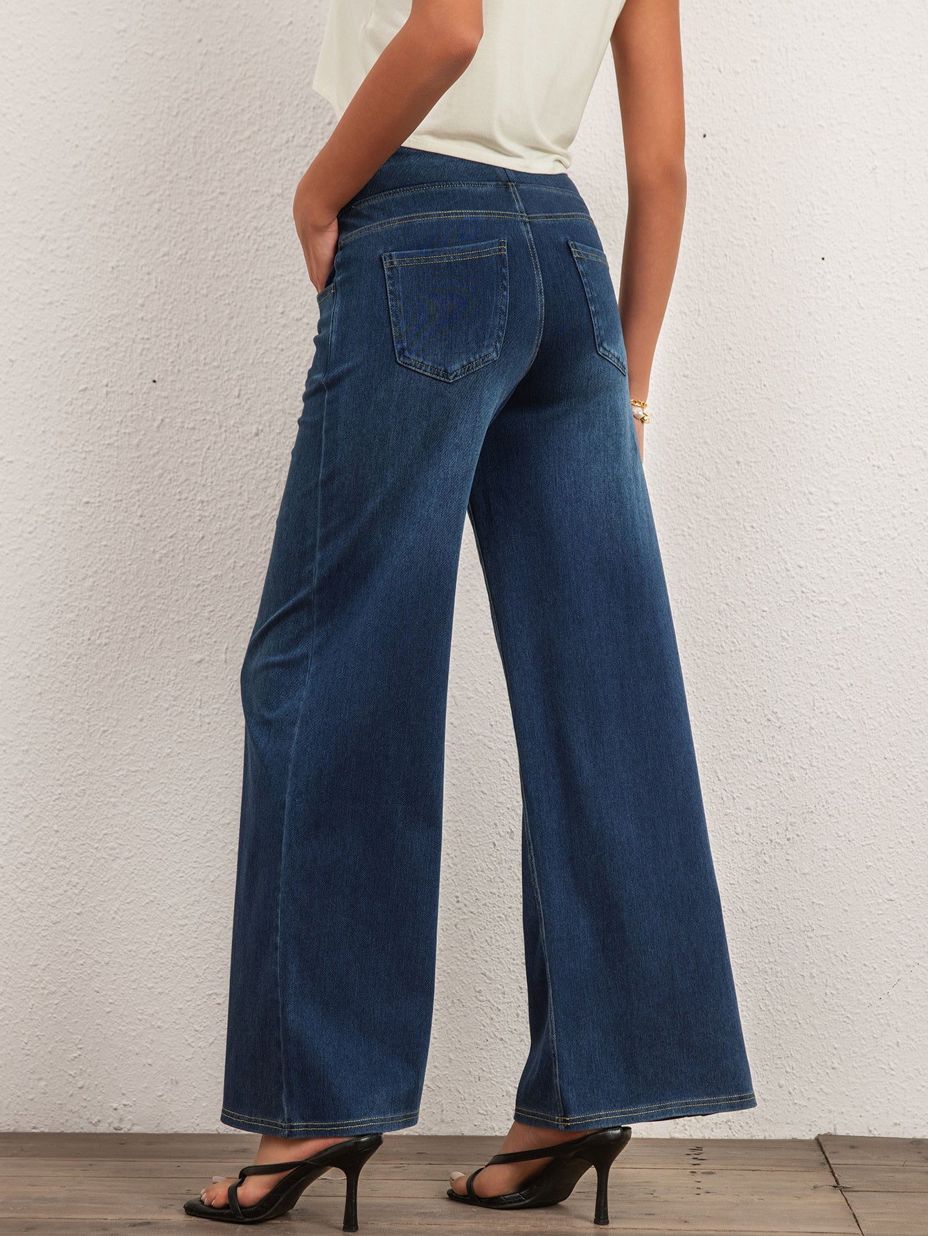 Shascullfites Mid Waist Wide Leg Jeans Stretch Dark Blue Denim